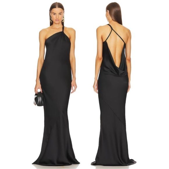 Norma Kamali Dresses & Skirts - Norma Kamali One Shoulder Bias Gown Maxi Dress Draped Back Satin Black Sz M